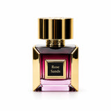 Korbaj Rose Sands 100ml vanilla gourmand perfume for women: front view of the pink bottle with its gold frame and cap.