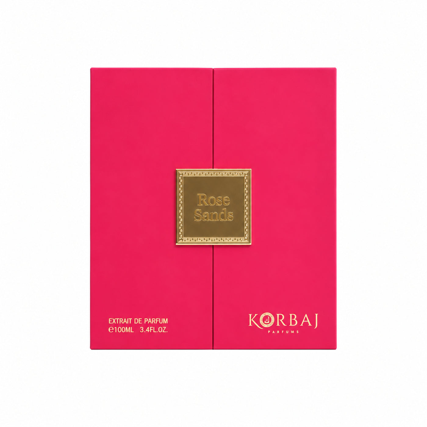 Korbaj Rose Sands 100ml vanilla gourmand perfume for women: front view of the closed pink presentation box on white.