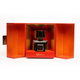 Front view of Korbaj Scarlet Amber 100ml floral amber perfume in a full-size bottle inside its open red and gold presentation box.
