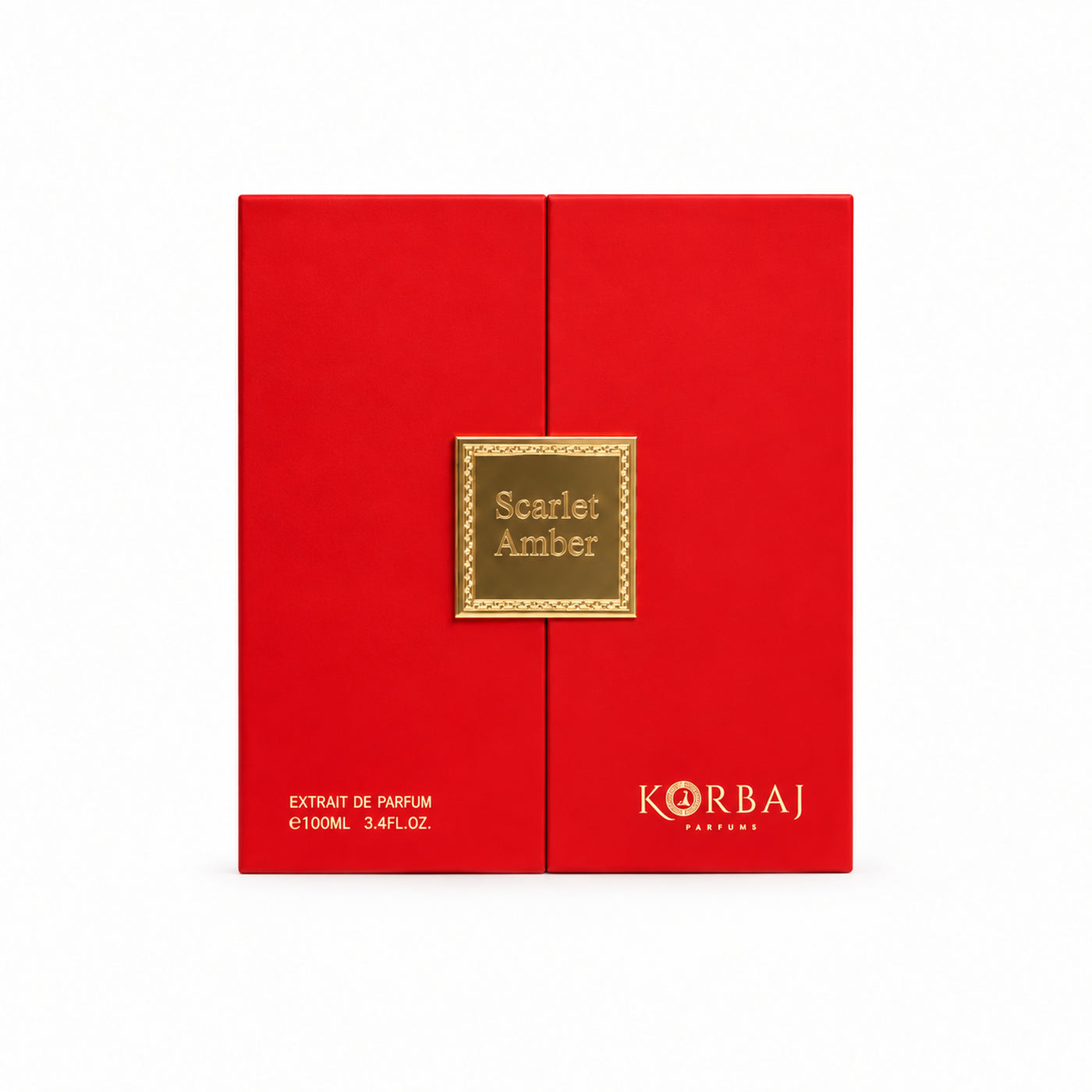 Korbaj Scarlet Amber 100ml unisex floral amber perfume: front view of the closed red presentation box on white.