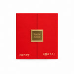 Korbaj Scarlet Amber 100ml unisex floral amber perfume: front view of the closed red presentation box on white.