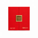 Korbaj Scarlet Amber 100ml unisex floral amber perfume: front view of the closed red presentation box on white.