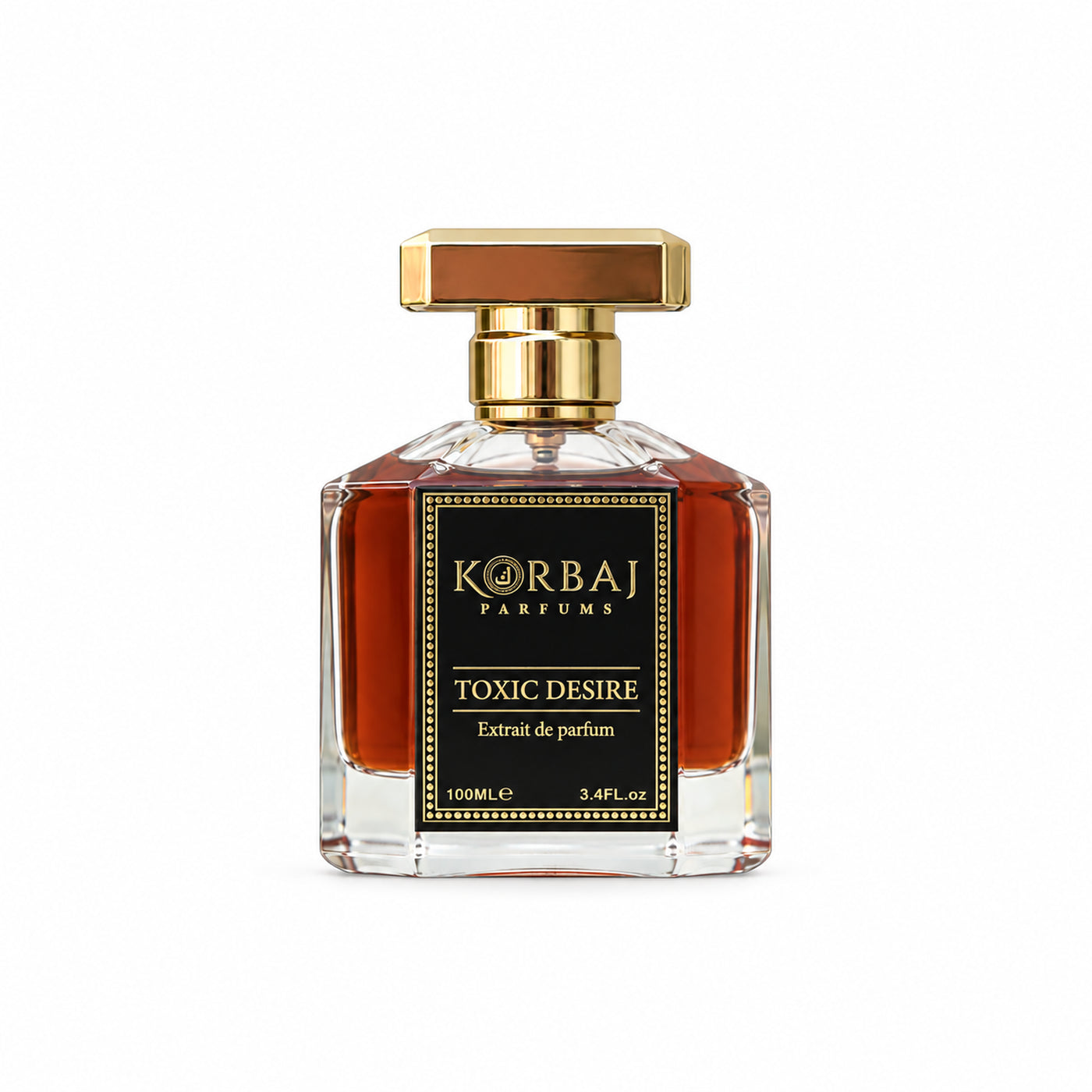 Korbaj Toxic Desire 100ml unisex gourmand woody perfume: front view of the amber bottle on a white background.